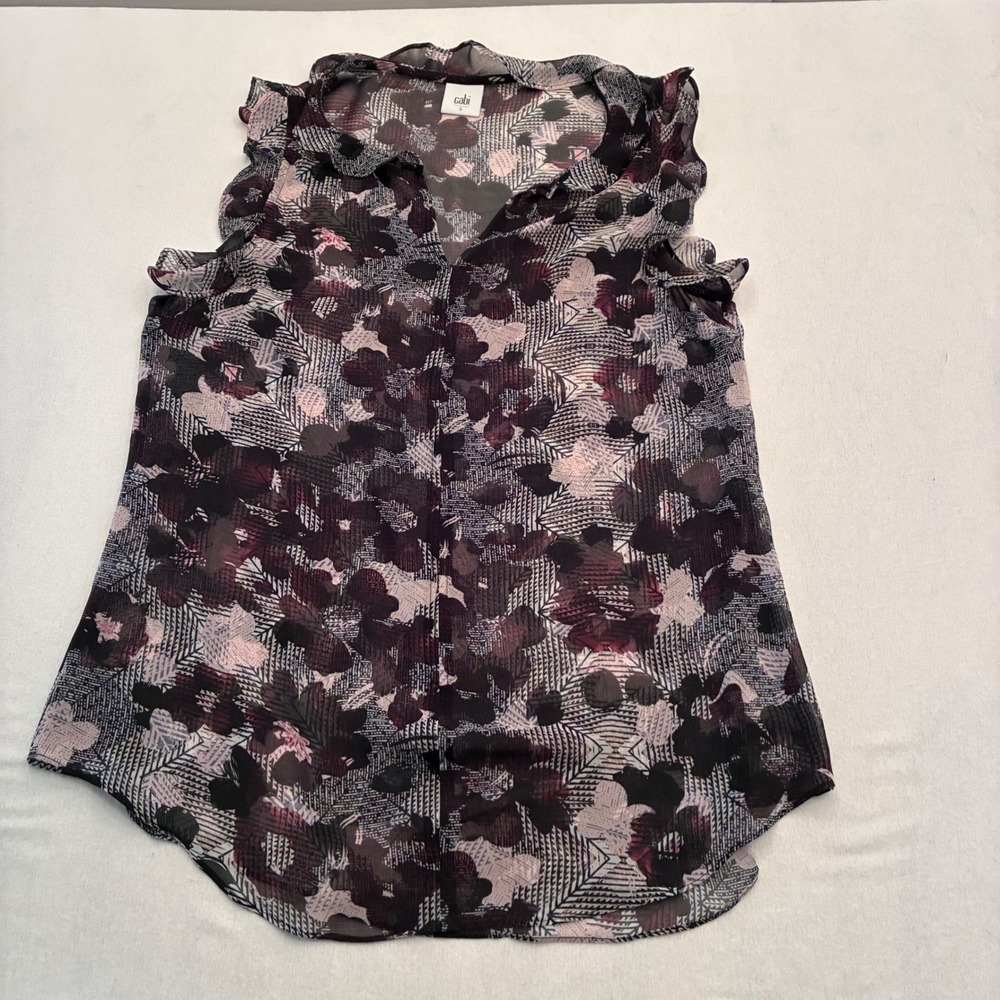 Cabi Women Plum Floral Geometric Ruffle Sleeveless Button Down Blouse Small